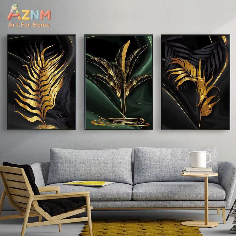 AZNM Leinwandgemälde mit Pflanzenblättern im nordischen Stil, abstrakte Wandkunst in Gold für deine Wohnzimmerdekoration - Bild 2