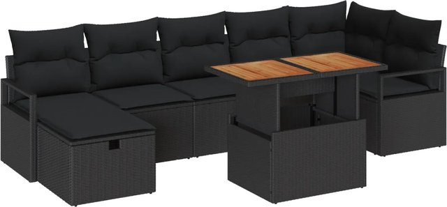 vidaXL Garten-Sofa-Set 8-teilig aus Poly-Rattan und Akazienholz in Schwarz mit Sitzkissen und Tisch - Bild 1
