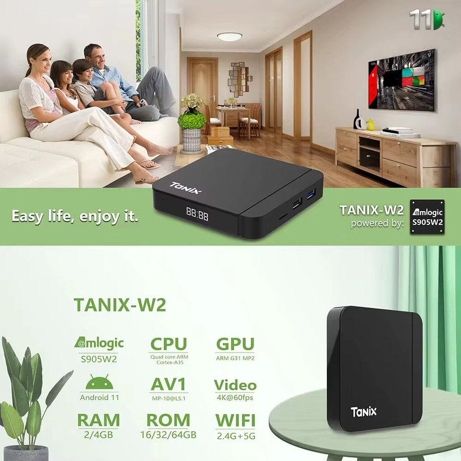 Tanix W2 Android 11 TV-Box mit Amlogic S905W2, 4GB RAM, 32GB/64GB Speicher, Dual WLAN 2,4G/5G und Bluetooth, Media Player Set-Top-Box in Schwarz - Bild 2