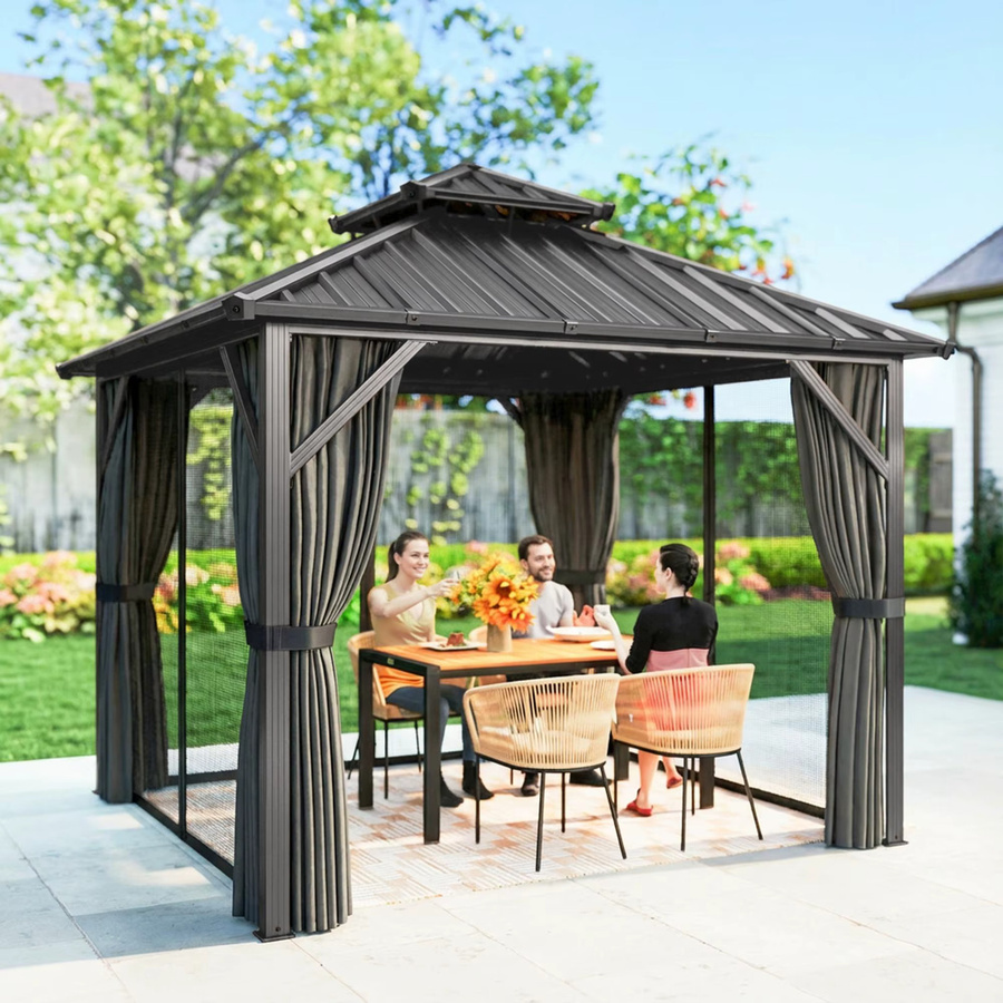 Outsunny Pavillon mit Aluminium-Rahmen und Doppel-Stahlblech-Dach in Grau, B/T: 300 x 300 cm, UPF50+ mit Vorhängen und Moskitonetzen - Bild 3