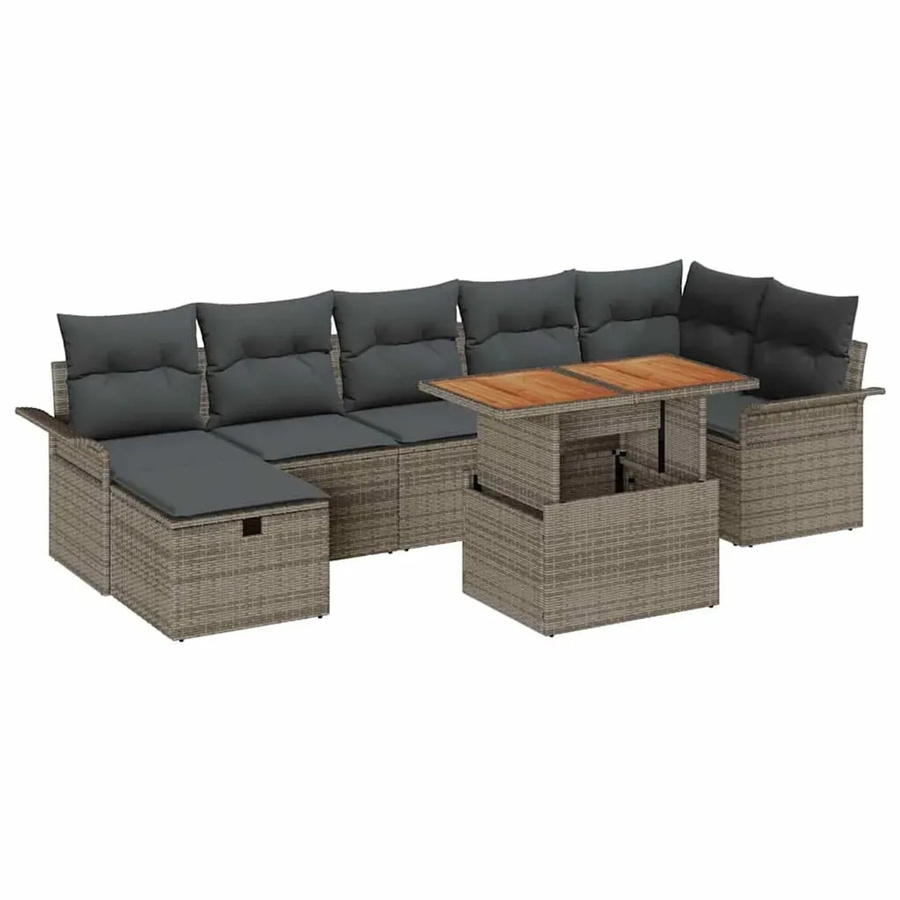 vidaXL Garten-Sofa-Set aus Polyrattan in Grau, 8-teiliges L-Shape Lounge-Set mit Polsterkissen, Couchtisch und integriertem Stauraum - Bild 2