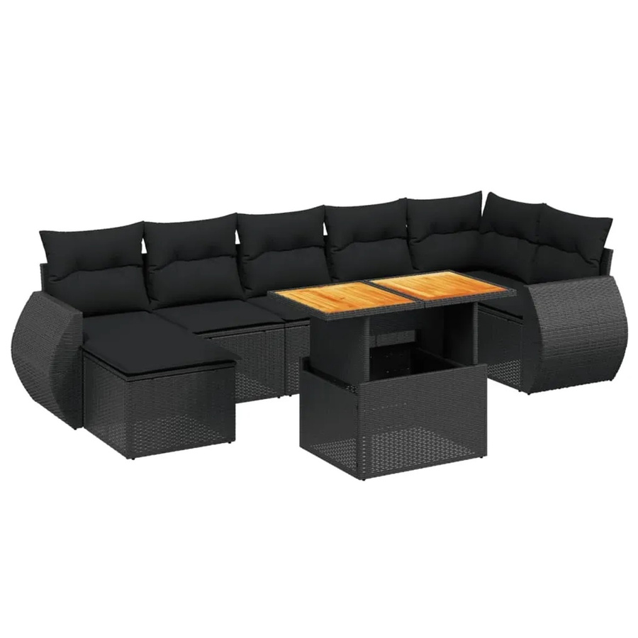 vidaXL 8-teilige Garten-Sofagarnitur in L-Form aus schwarzem Poly-Rattan mit Kissen und Akazienholz - Bild 2