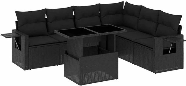 vidaXL 7-tlg Garten-Sofagarnitur in L-Form aus schwarzem Poly-Rattan mit Kissen und pulverbeschichtetem Stahlgestell - Bild 1