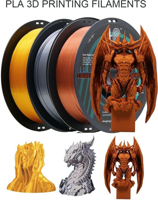 HP3DF SILK 3D-Druckerfilament Gold, 3 Rollen à 1 kg, 1,75 mm +/- 0,02 mm, seidig glänzende Oberfläche für FDM-Drucker - Bild 1