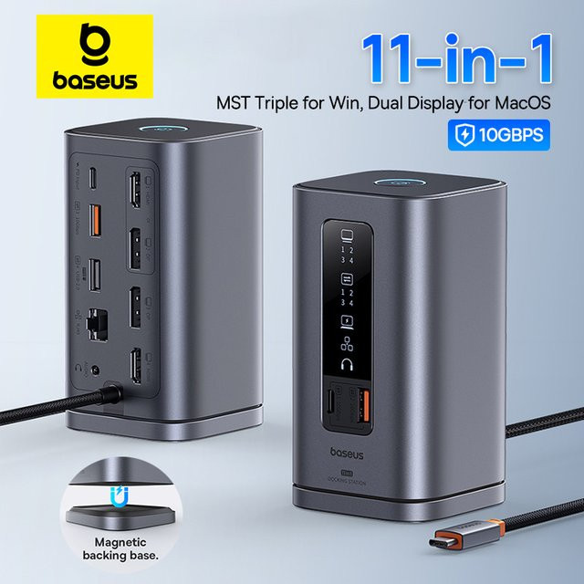 Baseus 11-in-1 USB-C Dockingstation in Grau mit HDMI, DisplayPort, RJ45 und 100W PD für Triple Display und 4K UHD - Bild 1