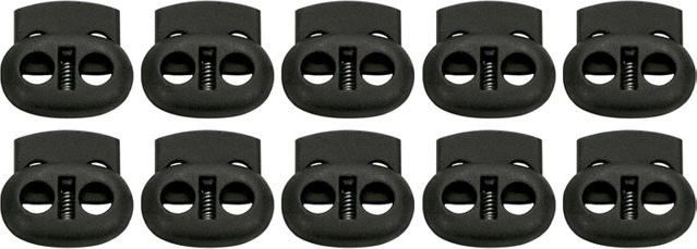 Set aus 10 oder 20 ovalen Doppelloch-Federkordelstoppern in Schwarz aus Kunststoff mit elastischen Kordelverstellern und Federklemmen - Bild 1