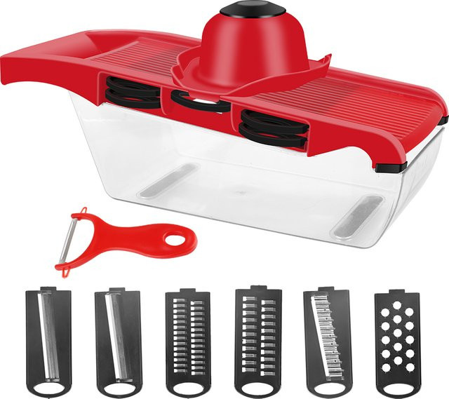 HILIFE Gemüse-Mandolinenschneider in Rot mit 6 Klingen als multifunktionales Küchenwerkzeug und Reibe-Set - Bild 1
