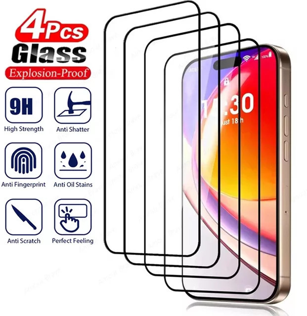 4er-Pack Displayschutzfolie aus gehärtetem Glas für Apple iPhone 17 Pro, 16, 15, 14, 13, 12, 11, Air, 16e, XS, Plus, XR, transparent - Bild 1