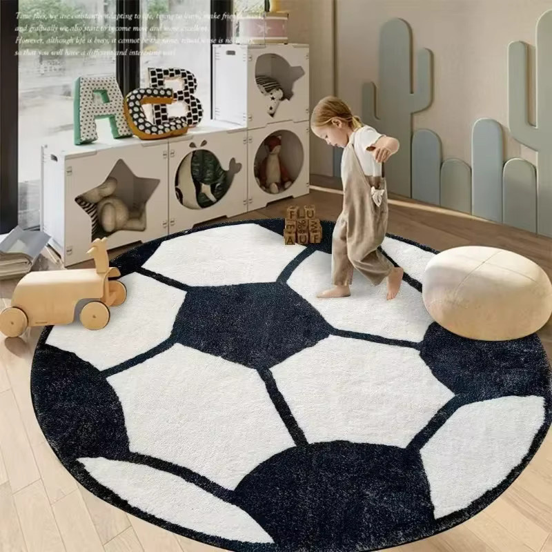 DHDH Fußballteppich in Schwarz-Weiß mit Sportmotiv als runder Teppich für Kinderzimmer, Wohnzimmer oder Schlafzimmer - Bild 6