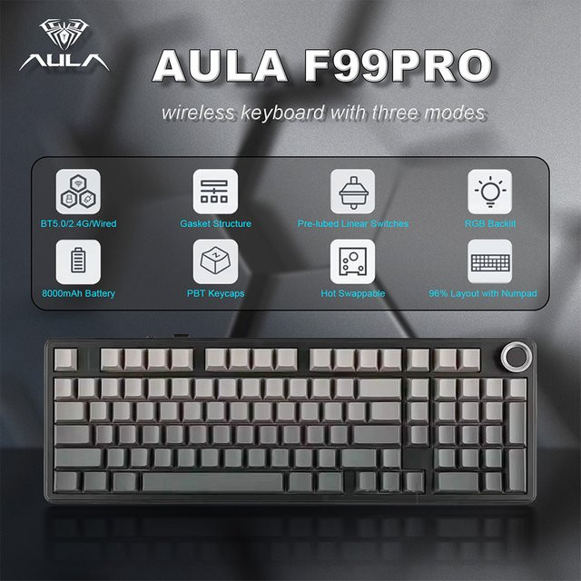 AULA F99 PRO Kabellose Gaming-Tastatur mit 99 Tasten, Hot-Swap Gasket-Struktur, 96% Layout, 8000mAh Akku und Drehregler in Weiß, Blau oder Lila - Bild 1