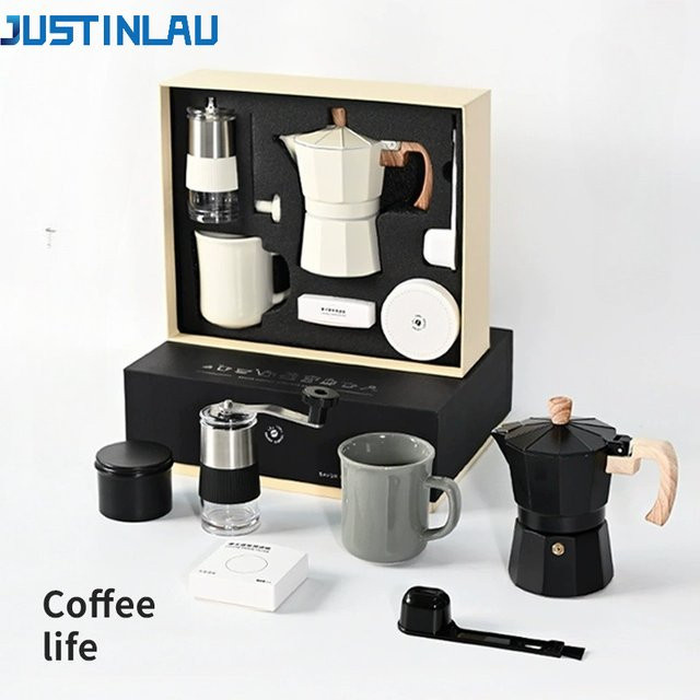 JUSTINLAU Kaffee-Set mit manueller Kaffeemühle, Espresso Maker, Moka Topf, Glas und Keramiktasse in Schwarz - Bild 1