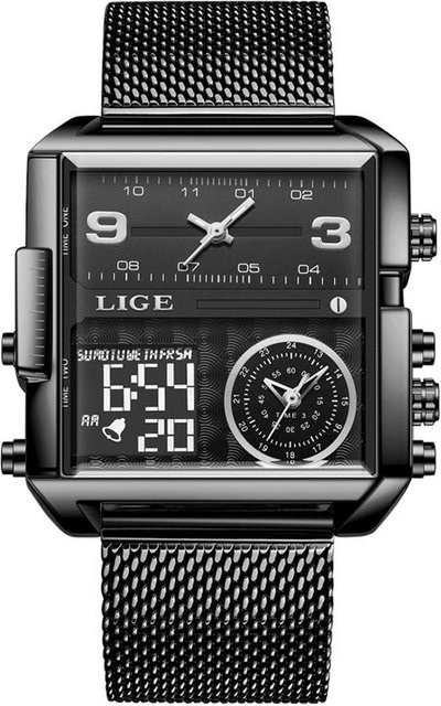 LIGE Armbanduhr, Analog-Digital, Quarz, Eckig, Leder, Schwarz, Herren - Bild 1
