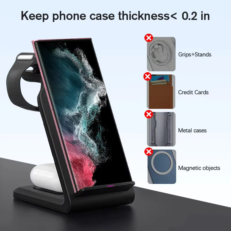 VIKEFON 3-in-1 kabelloser Ladeständer Schwarz für iPhone, Samsung Galaxy und Apple Watch sowie AirPods Pro als Schnellladestation - Bild 5