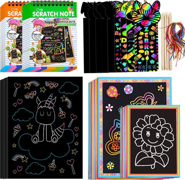JOKEJOLLY Regenbogen-Kratzpapier für Kinder, DIY Neon-Kunstkarten aus Pappe, Schwarz und Mehrfarbig - Bild 1