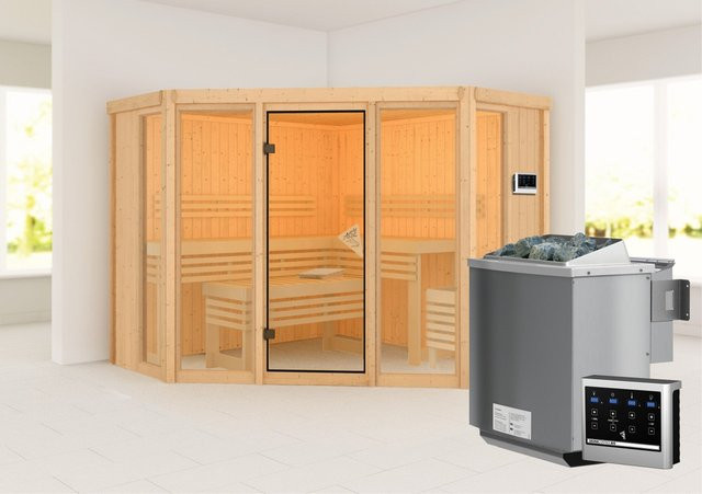 Karibu Sauna Anea 2 Bio-Sauna in Natur mit BioKombiofen 9.0 kW und externem Steuergerät B/T/H: 231 x 231 x 198 cm - Bild 1