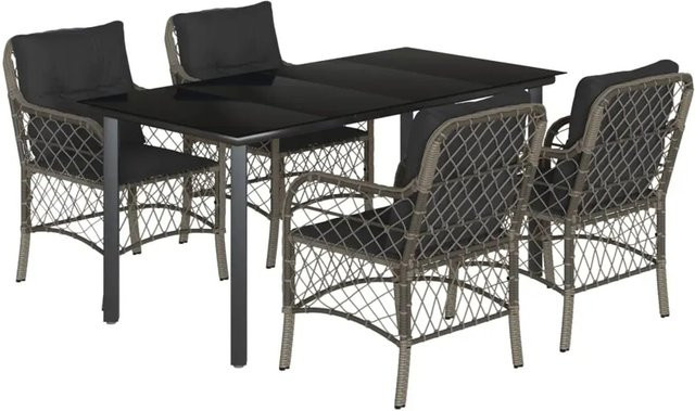vidaXL 5-teilige Garten-Essgruppe aus Poly Rattan mit Kissen in Grau und Glastisch - Bild 1
