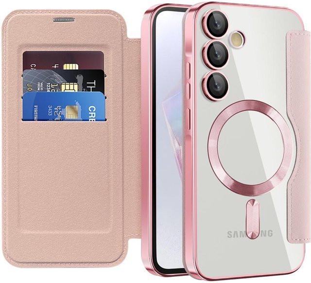 Luxus Flip Leder Kartenhalter Magnetische Handyhülle für Samsung Galaxy S26 S25 S24 S23 S22 Ultra Plus A55 A35 in Rosa mit transparenter Brieftaschenabdeckung - Bild 1