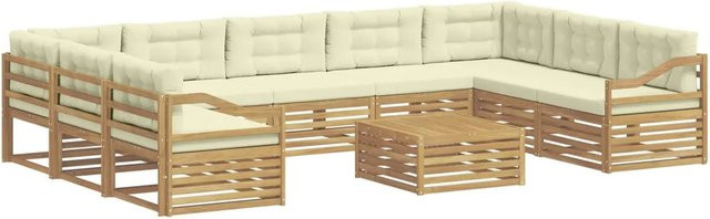 vidaXL Outdoor-Sofagarnitur in U-Form aus Akazienholz mit Kissen, 10-teiliges Set, Weiß und Beige - Bild 1