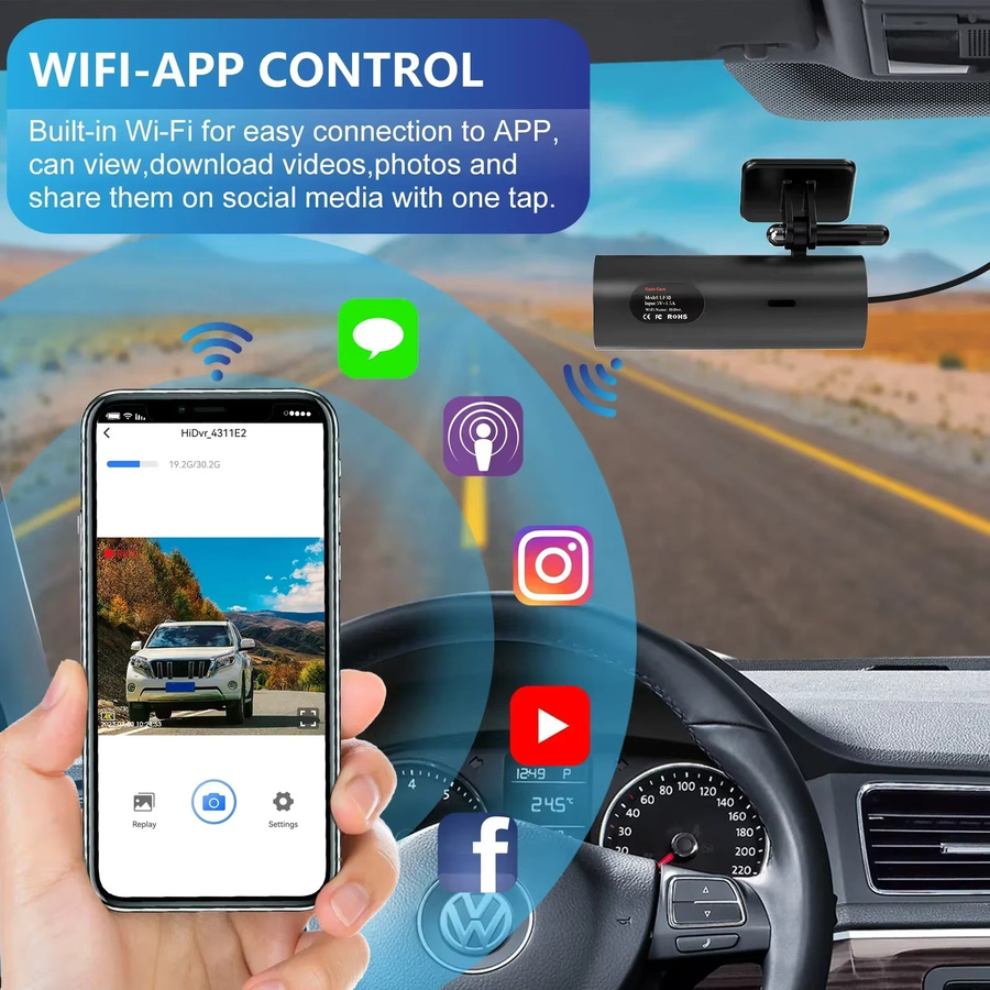 GMAIPOP 4K UHD Auto-Dashcam DVR-Recorder mit WLAN, App-Steuerung und Sprachsteuerung, Black Box mit 24-Stunden-Parküberwachungsfunktion, Schwarz - Bild 2