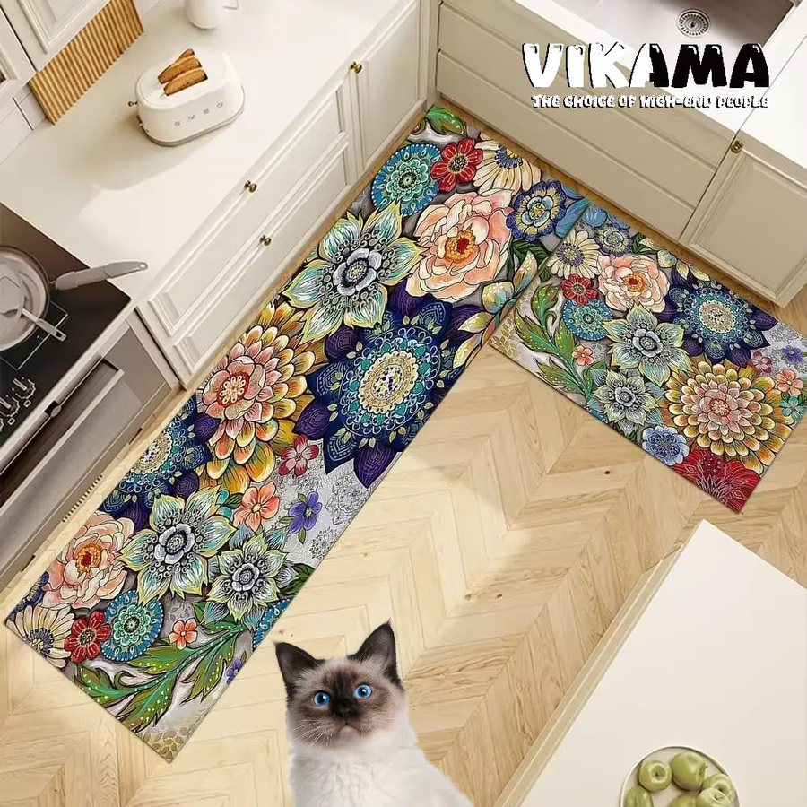 VIKAMA Vintage Bohemian Floral Fußmatte mit Blumenmuster und Anti-Rutsch-Funktion für Küche oder Eingangsbereich - Bild 2