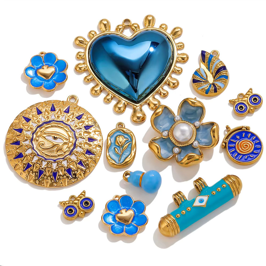 Elomia Anhänger Edelstahl, Dunkelblaue Emaille, Herz- und Blumenform, Gold, Unisex - Bild 5