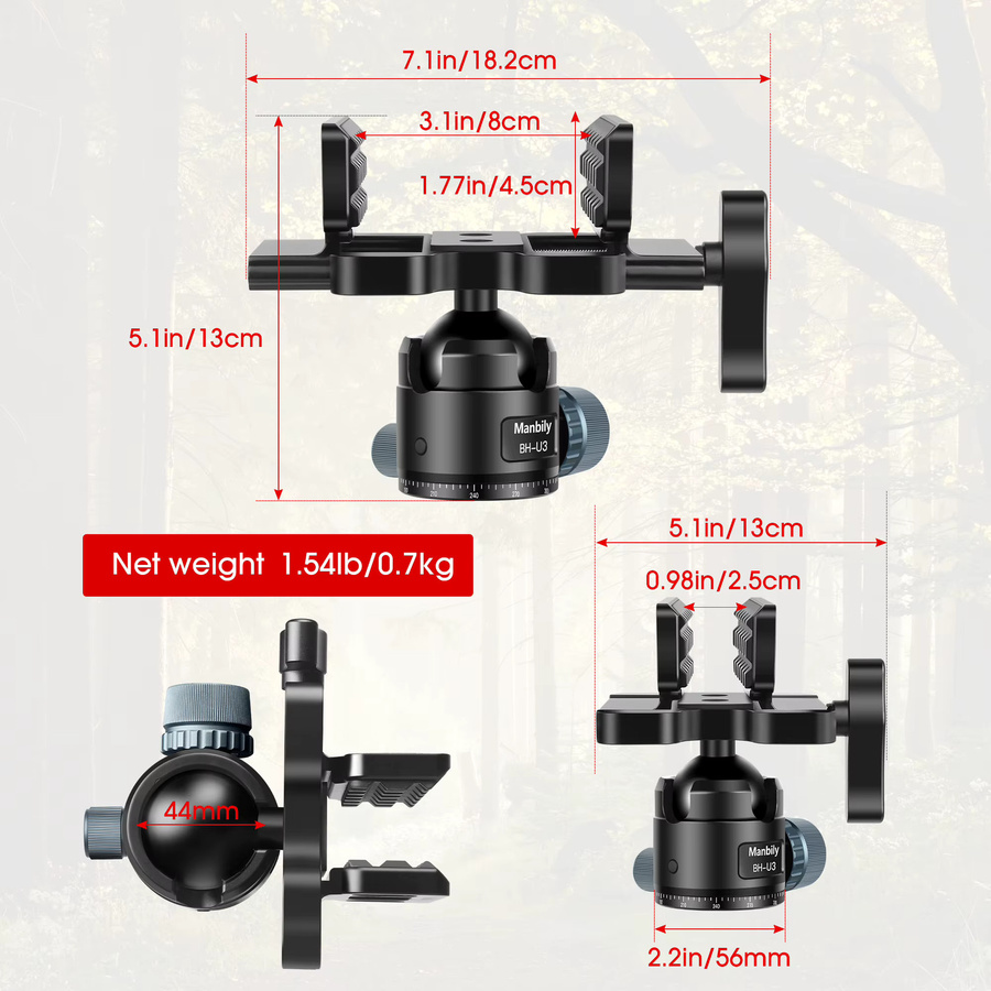 Manbily Carbonfaser-Jagdstativ mit 44mm Kugelkopf in Schwarz, Höhe: 63,5 Zoll, Modell WZ-324+BH-U3 - Bild 2