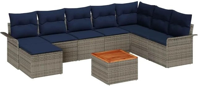 vidaXL Gartensofa-Set aus Poly-Rattan in U-Form, 9-teiliges Lounge-Set in Grau und Marineblau mit Polsterung und Gartentisch - Bild 1
