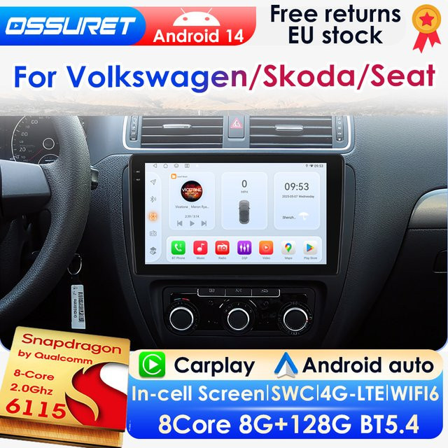 OSSURET AI Carplay Android 14 Autoradio mit Snapdragon 6115 und 360Cam für VW Golf 5 Passat B6 B7 Polo Tiguan Skoda Octavia Seat Leon in Schwarz - Bild 1