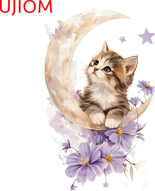 UJIOM Wandaufkleber Katze am Mond, Kawaii Motiv für Kinderzimmer und Küche, Mehrfarbig - Bild 1
