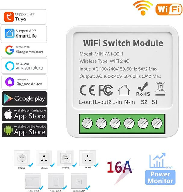 Tuya WiFi Mini Smart Switch 16A mit Stromüberwachung und 2-Wege-Steuerung, weißer DIY Wandschalter für Alexa und Google Assistant, Smart Life kompatibel - Bild 1