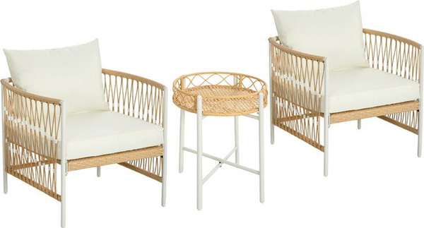 Outsunny 3er Set Rattan Gartenmöbel aus Polyrattan mit 2 Stühlen und Couchtisch inklusive Kissen, Gelb und Beige