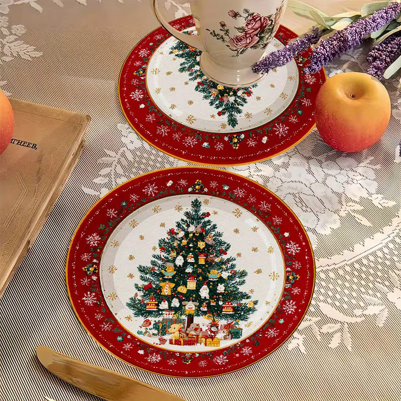 VIKAMA 4-teiliges Set Weihnachtsbaum-Untersetzer aus Plüsch in Rot, rund, Durchmesser: 38 cm - Bild 3