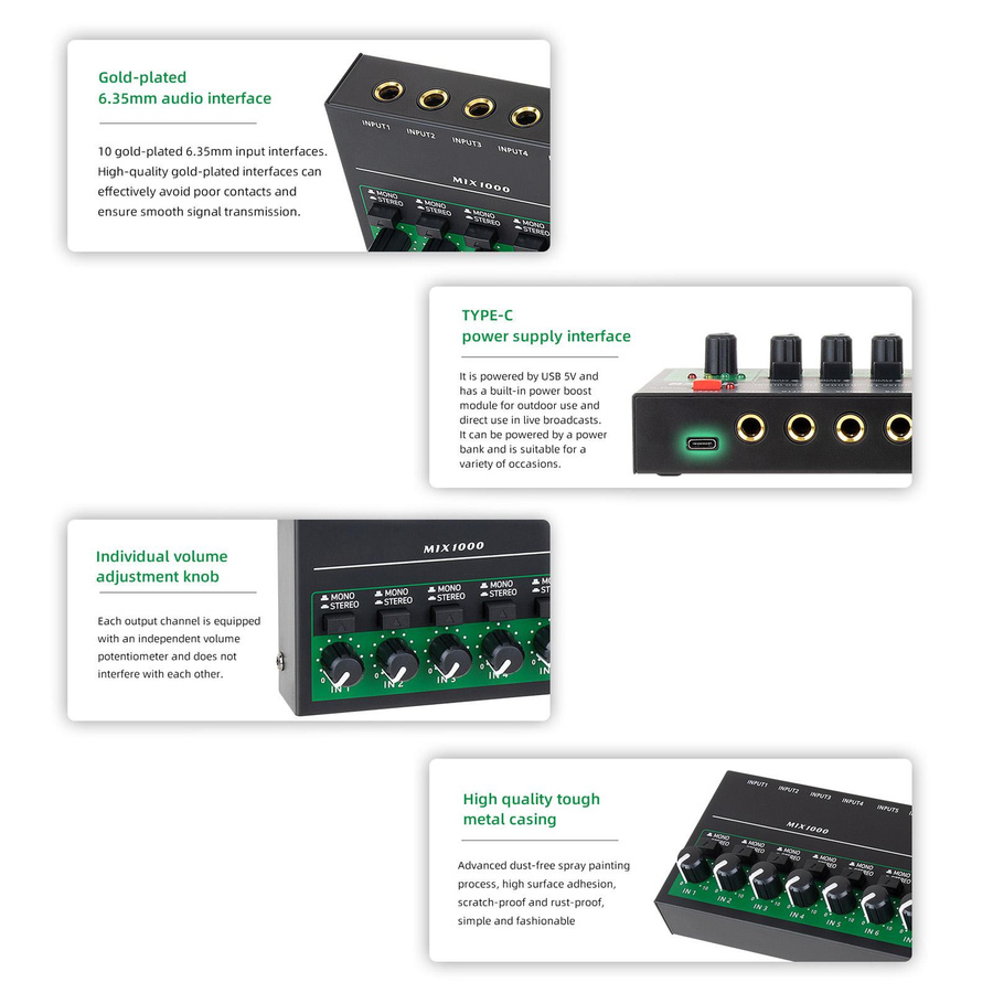 Andoer 10-Kanal Audio Mixer Stereo Mono Line Mixer mit USB-C und Metallgehäuse in Schwarz - Bild 4