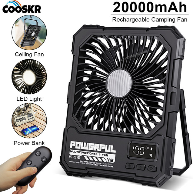 raugee Camping-Ventilator mit 20000mAh Akku, tragbarer faltbarer Tischventilator und Deckenventilator mit LED-Licht, Farbe: Schwarz - Bild 1