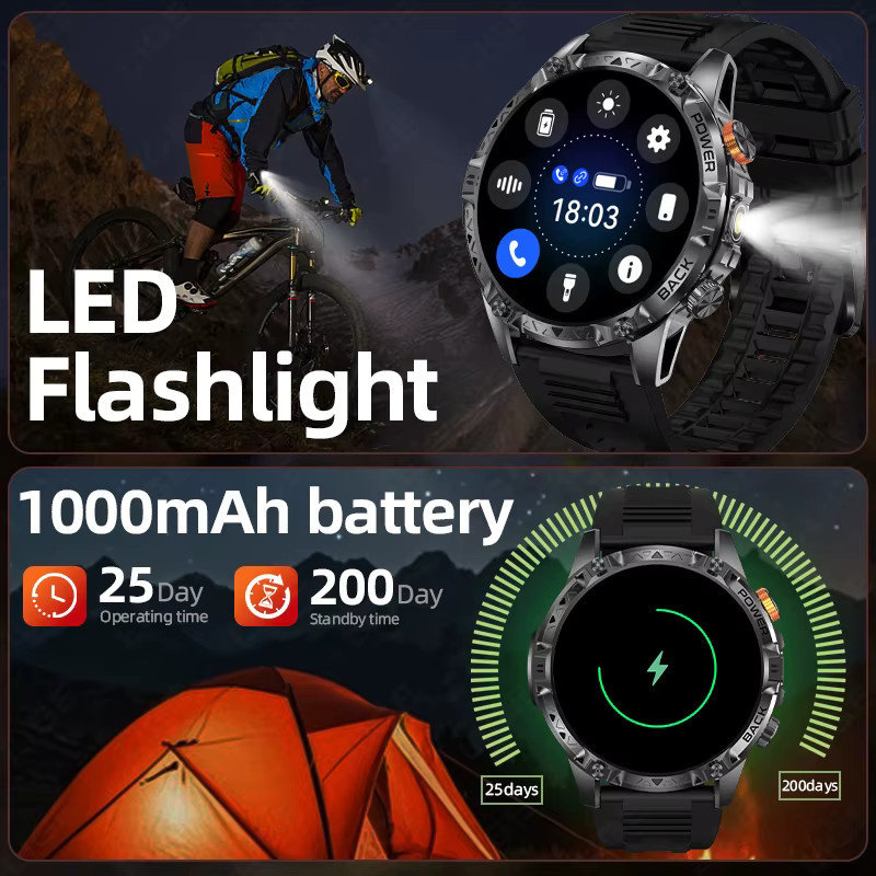 LIGE Militär-Smartwatch T-Rex 3 Ultra mit 1000mAh Akku, IP68 Wasserdicht, Kompass und Taschenlampe, Sport-Tracker für Herren in Orange und Schwarz - Bild 2