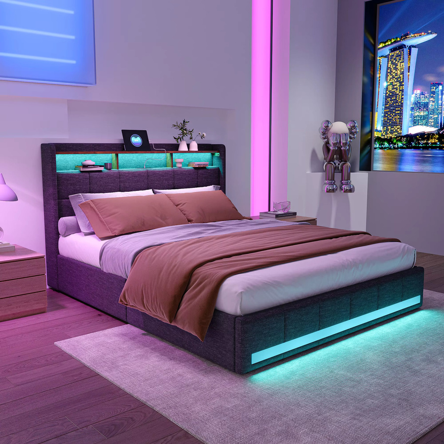 Gepolstertes Doppelbett mit Stauraum und LED-Beleuchtung in Grau, B/T: 180 x 200 cm - Bild 5
