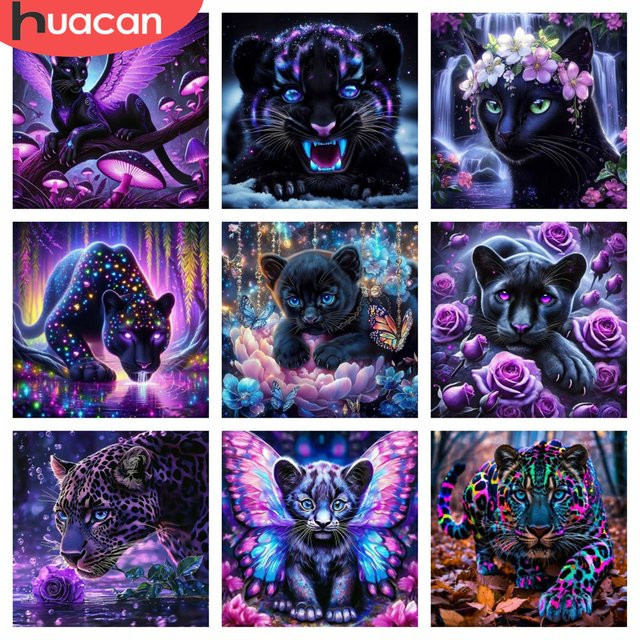 HUACAN Diamantmalerei 5D Leopard und Rosenblüte Schwarz DIY Mosaik mit Rundbohrern - Bild 1