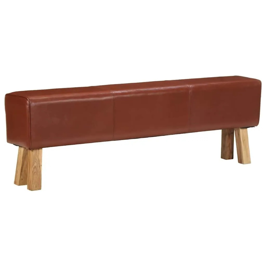 vidaXL Bank im Turnbock-Design aus massivem Akazienholz und braunem Echtleder, Breite: 160 cm - Bild 2