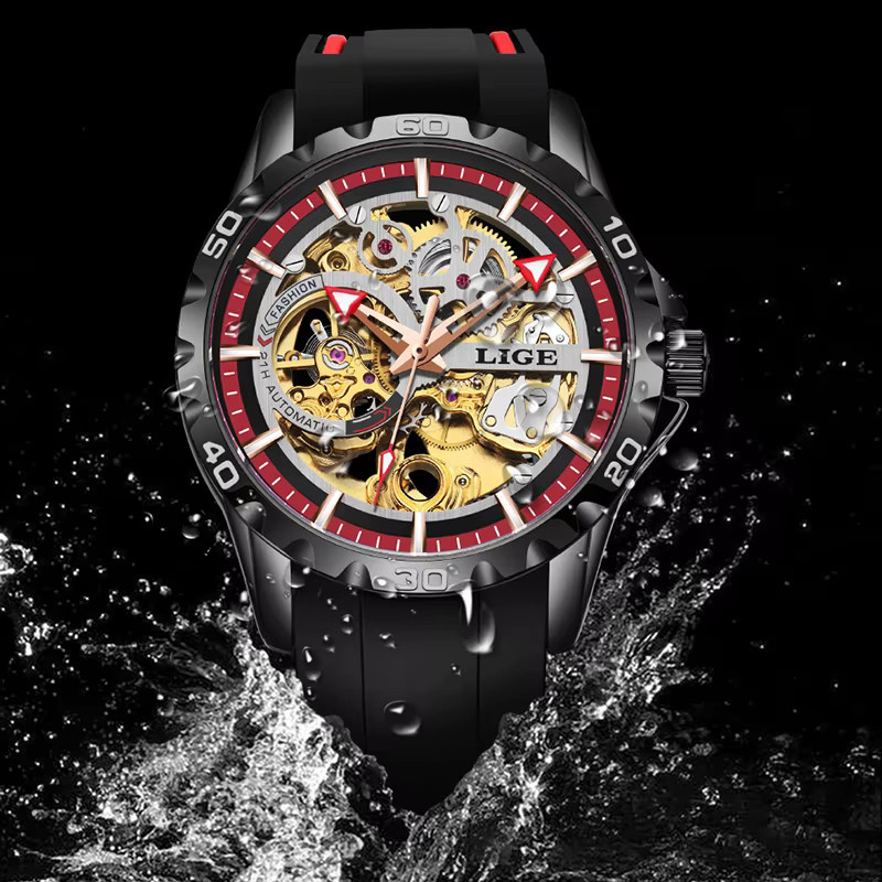 LIGE Armbanduhr Automatik, Silikon, Schwarz, Herren - Bild 3