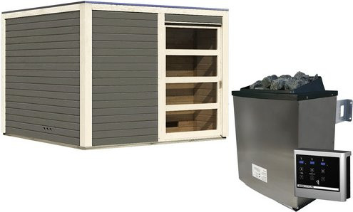 Karibu Saunahaus Kandau aus Fichtenholz in Grau mit 9 kW Ofen und externer Steuerung, B/T/H: 276 x 276 x 210 cm - Bild 1