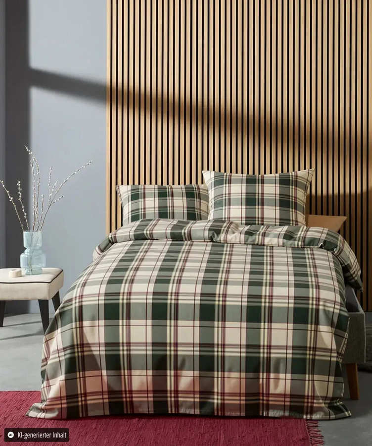 Fleuresse Lech Edelflanell Bettwäsche Karo Grün Rot Beige mit Bettbezug und Kissenbezug B/T/H: 135 x 200 cm und 80 x 80 cm - Bild 1