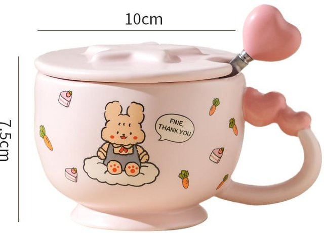 Niedrige Keramiktasse mit Deckel und Löffel im Cartoon-Design von Yiran bag, beige, 350 ml - Bild 1