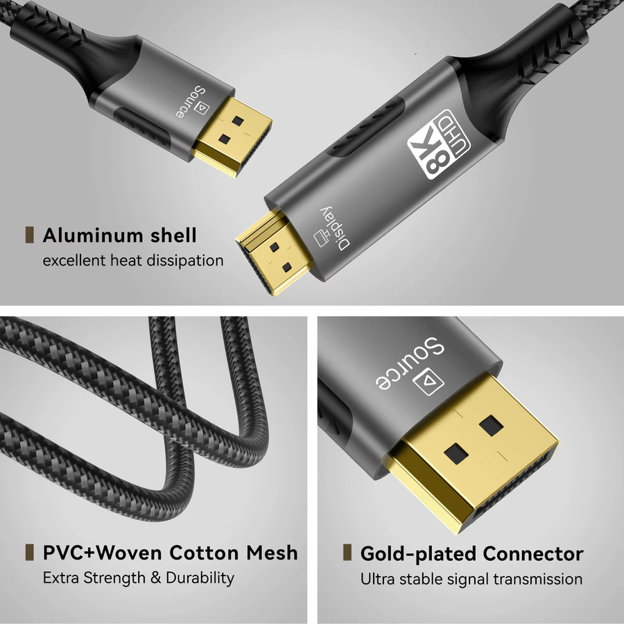 FDBOY DisplayPort auf HDMI 2.1 Kabel in Schwarz, 8K@60Hz und 4K@120Hz mit HDR Unterstützung, DP 1.4 zu HDMI 2.1 Konverter für Laptop und Konsole - Bild 6