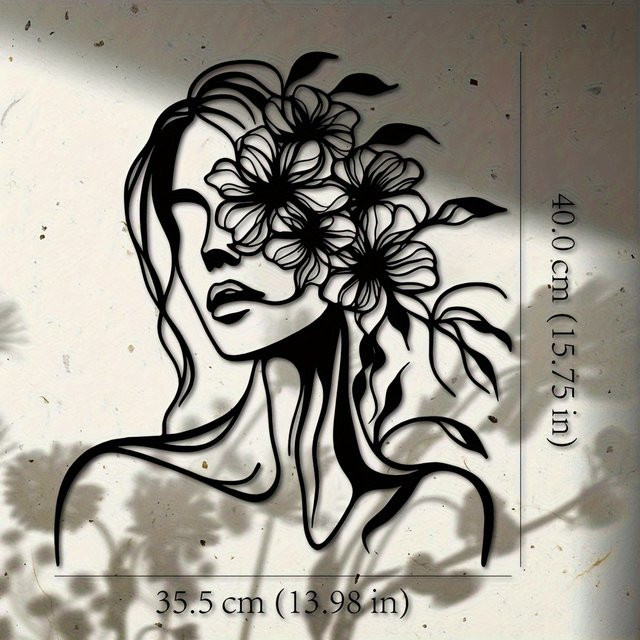 CIFBUY Handgefertigte Metall-Wandkunst mit botanischem Blumenmuster und geometrischen Elementen in Schwarz-Weiß als moderne horizontale Wandskulptur für Innen- und Außenbereiche - Bild 1