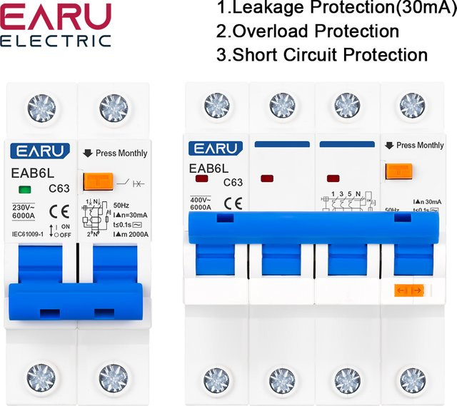 EARU RCBO Fehlerstrom-Schutzschalter mit Überlast-, Kurzschluss- und Leckstromschutz, 63A, 30mA, Farbe: Weiß - Bild 1