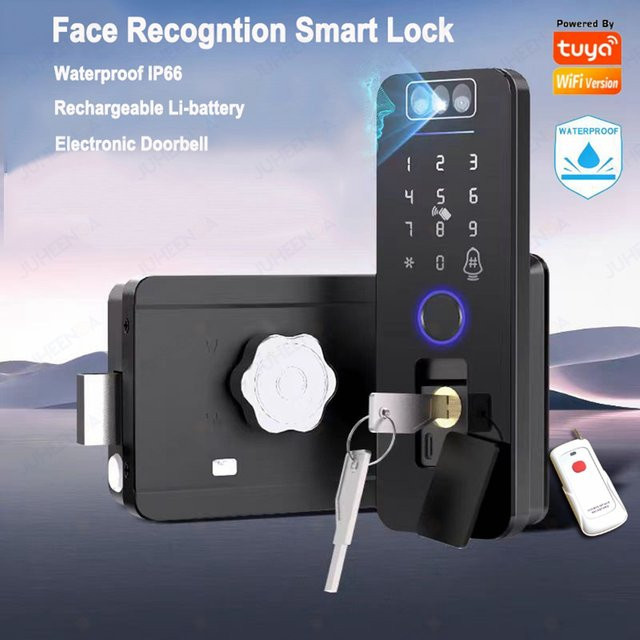 Juheenda Smart Lock mit 3D-Gesichtserkennung, Tuya Wifi, Fingerabdruck und Passcode, wasserdichtes digitales elektrisches Felgenschloss für Außentore, Schwarz - Bild 1
