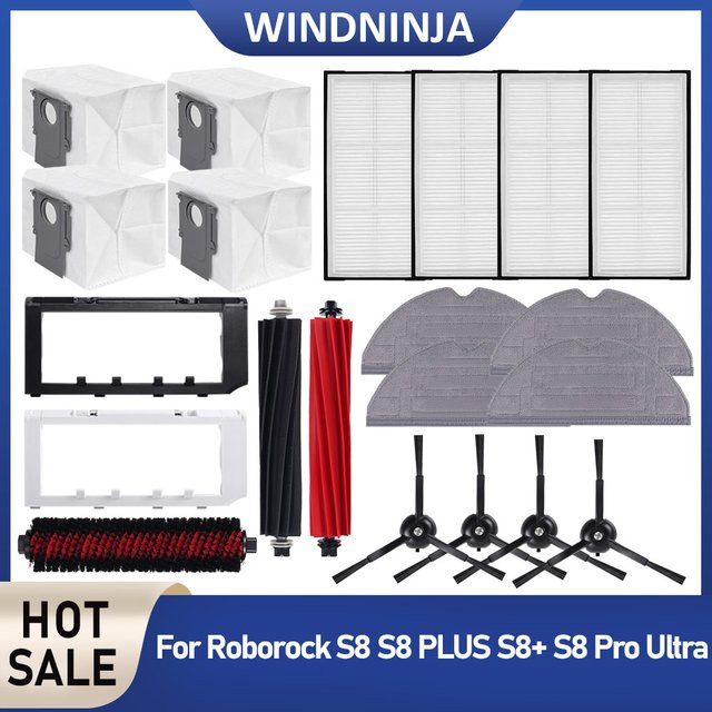 WINDNINJA Ersatzteil-Set für Roborock S8 S8 Plus S8 Pro Ultra mit HEPA-Filter, Rollbürste, Seitenbürste, Wischpads und Staubbeuteln aus Kunststoff - Bild 1