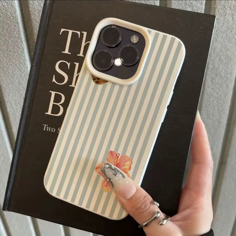 Handyhülle mit Blumenmuster und Litschi-Struktur für Apple iPhone 17, 16, 15 Pro Max Plus in Beige und Multicolour - Bild 2