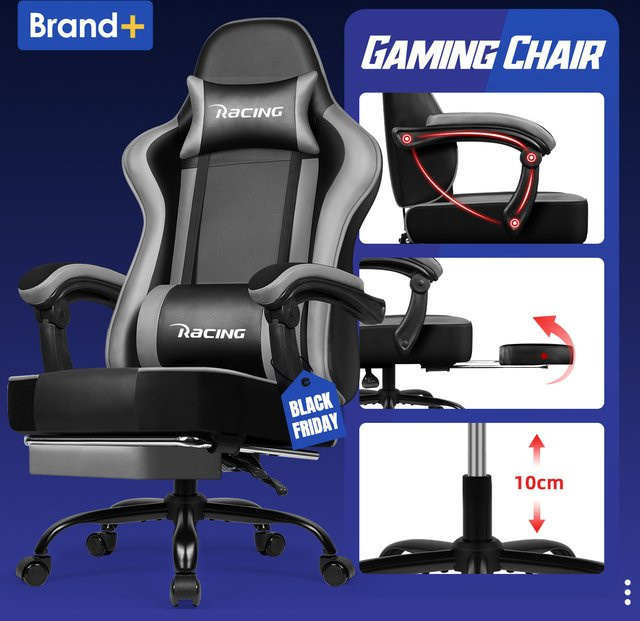 AUTHMIC Ergonomischer Gaming-Stuhl in Weiss mit 170 Grad Liegefunktion, faltbarer Fußstütze und atmungsaktivem Material, Belastbarkeit bis 150 kg - Bild 1