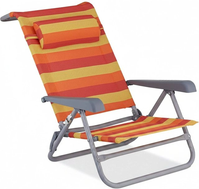Relaxdays Strandliegestuhl aus Textilene und Stahl, gestreift in Gelb, Rot und Orange, klappbar und 8-fach verstellbar mit Nackenkissen und Armlehnen, B/T/H: 78 x 59 x 85 cm - Bild 1